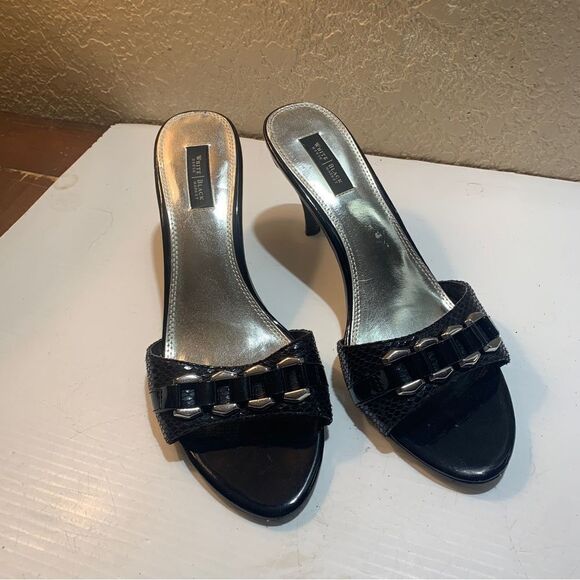 W H B M Black Patent High Heel Open Toe Sandals with Silver Accents - Picture 1 of 9